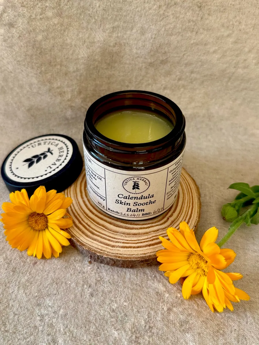 Calendula Skin Soothe Balm, 60 g: the jar open, showing the balm